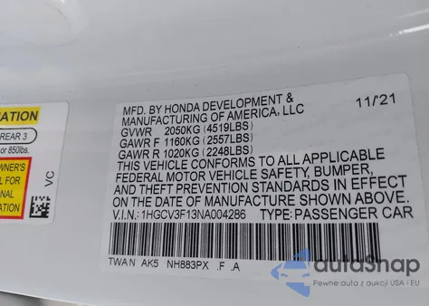 2022 Honda Accord Hybrid from USA, damaged, VIN 1HGCV3F13NA004286